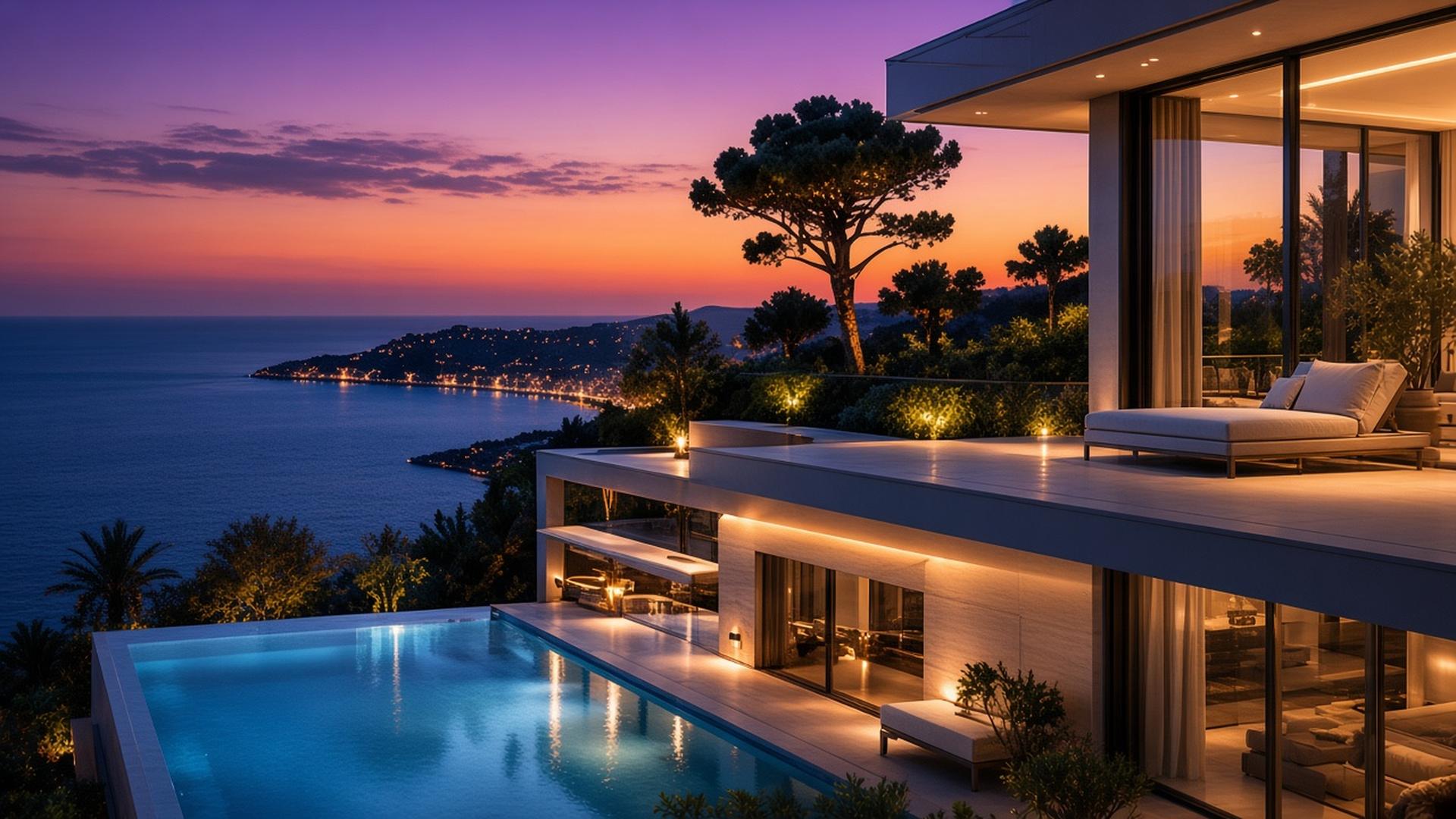 Villa avec piscine sur la Côte d’Azur au crépuscule